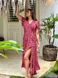 Thumbnail for Vestido largo de seda envolvente rosa