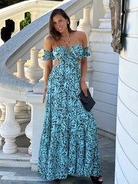 Thumbnail for Vestido largo de seda Hibiscus celeste